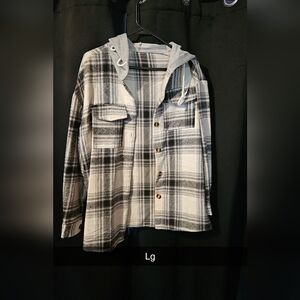 Women's Black & White Plaid Hooded Flannel Shirt Jacket